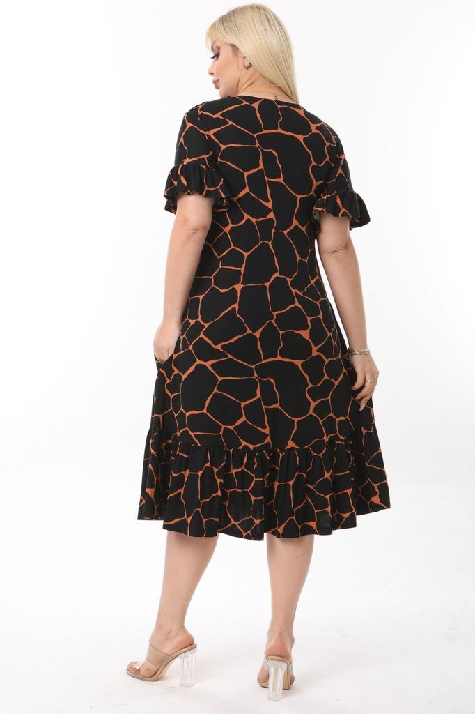 Damen Übergröße Kleid Plus Size Schwarz Steinmuster Taschenkleid mit Rüschenärmeln und Rock