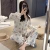 Long-sleeved Pajamas with Chest Pads Women's Spring and Autumn Cute Cartoon Bear Loose Loungewear Lace Lace Crew Neck Suit