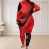 Women Plus Size Round Neck Long Sleeve Printed Longline Top Fitted Pants Two Piece Set