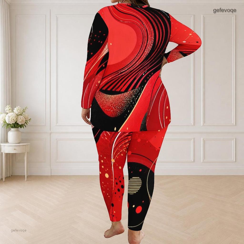 Women Plus Size Round Neck Long Sleeve Printed Longline Top Fitted Pants Two Piece Set