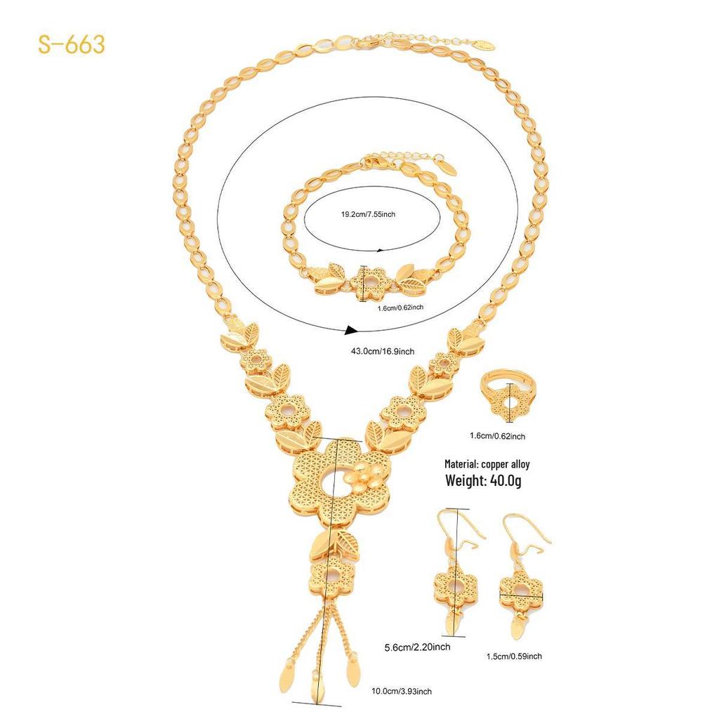 Elegant Arabic Wedding Tassel Necklace Set - 24K Gold-Plated Jewelry, Four-Piece Collection