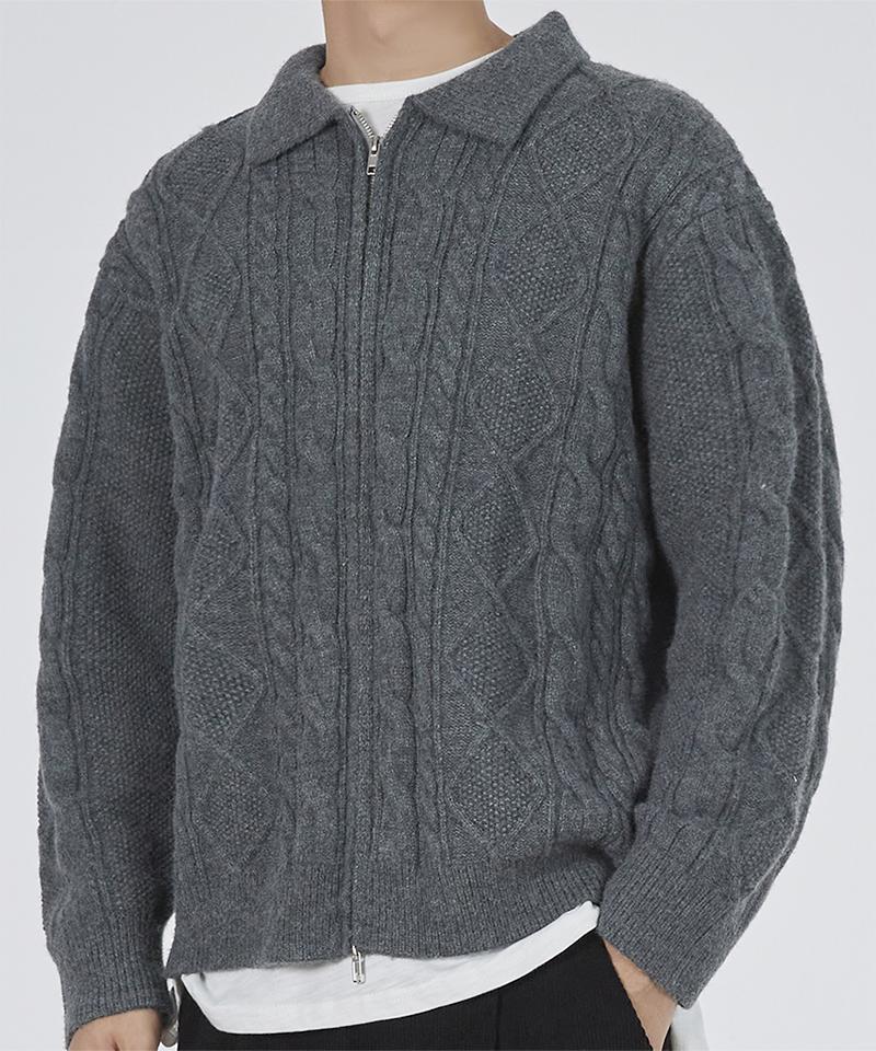 GLW Collared Cable Knit Zip-Up Gray