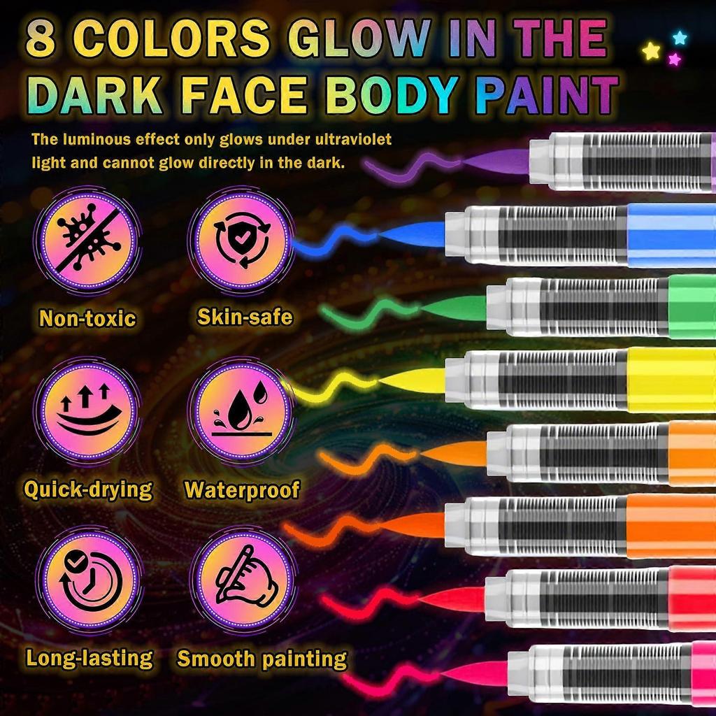 UV-Gesichtsfarbmarker 8 Farben Leuchten im Dunkeln, Schnelltrocknend Hautfreundlich für Halloween und Festivals
