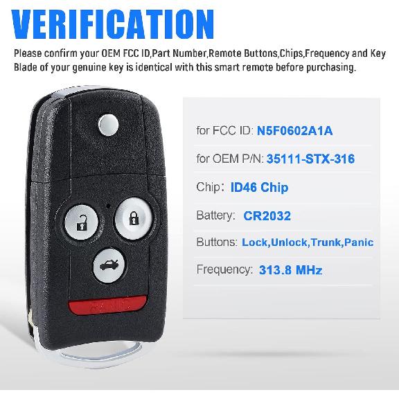 Car Key Fob Keyless Entry Remote Replacement for Acura MDX/RDX 2007 2008 2009 2010 2011 2012 2013 FCC ID:N5F0602A1A P/N:35111-STX-316 4 Buttons