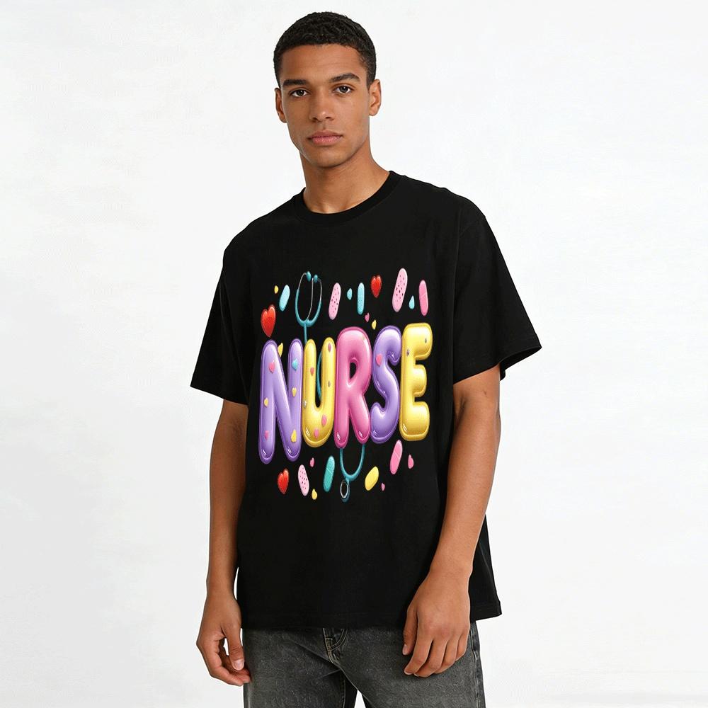 Cute Nurse Themed Print Casual Top Love Healing Style Versatile T-Shirt Pure Cotton T-shirt