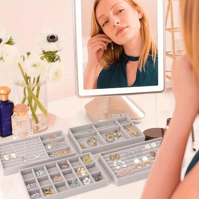 4pcs Jewelry Display Tray Gray Velvet Earrings Display Dust-proof Storage Props Drawer Jewelry Storage Box