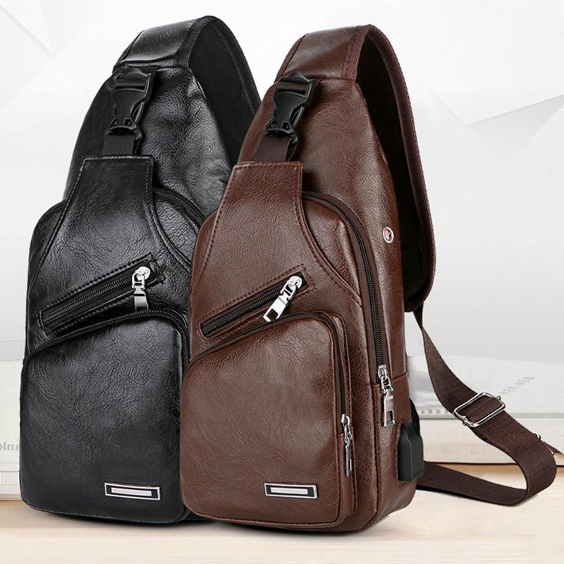 Vintage Men Fashion Shoulder Chest Bags USB Charging Leather Messenger Travel Packs Wallet
