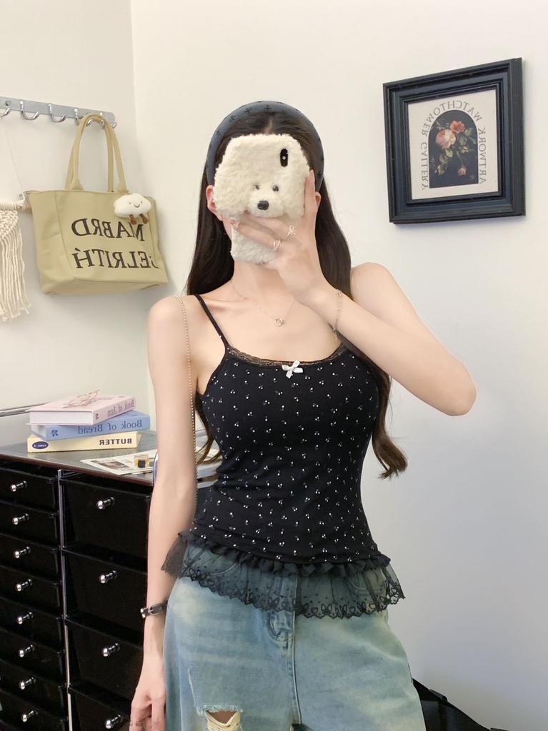 #Summer pure desire bow lace suspender vest women's inner and outer wear sexy all-in-one with chest pad