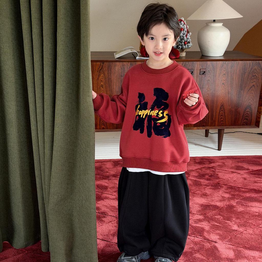 Felpa Rossa Foderata in Pile per Ragazzo, Stile 2025, Top Invernale per Bambini Taglia Media/Grande, Spessa, Calda e Festiva.