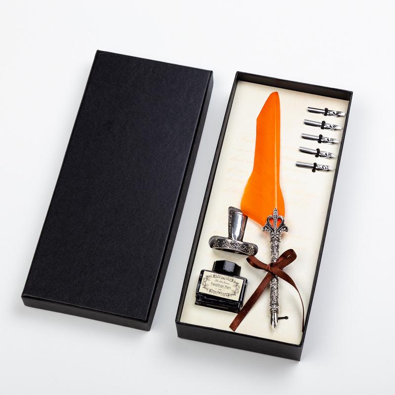 Goose Feather Pen Set with Carved Base and Stainless Steel Nibs - Unique Gift