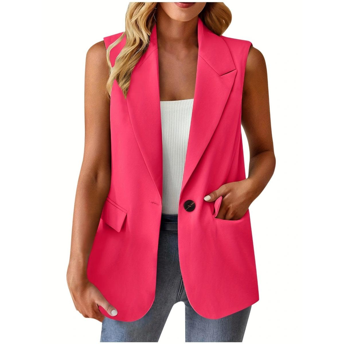 

Women s Casual Solid Color Button Blazer Vest Outerwear XXL рожевий червоний колір