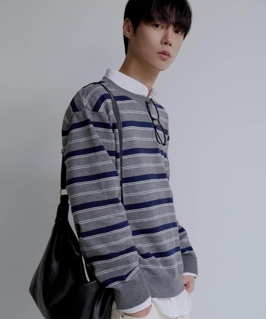 NODU Triple Stripe Semi-Crop Knit [Gray]