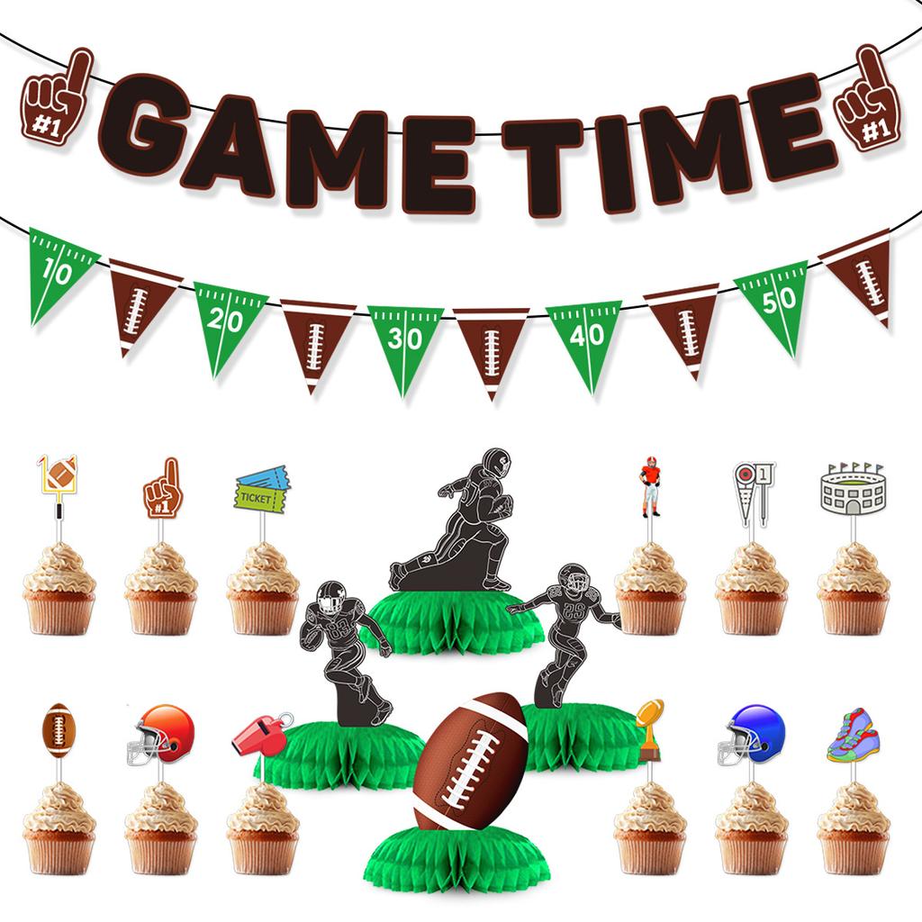 American Football Party Birthday Decoration Super Bowl Football Flag Latte Honeycomb Ornament Set