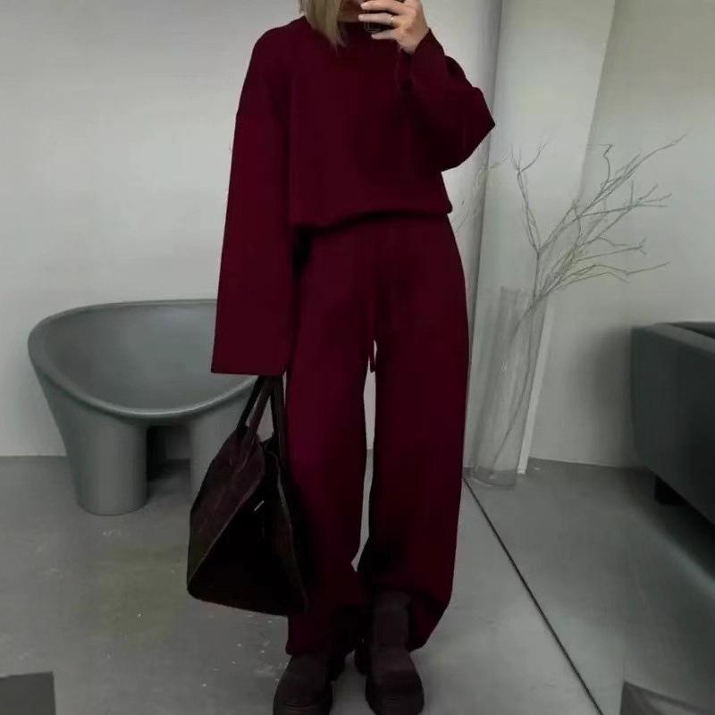 European & American Style Women's Solid Color Long Sleeve Wide Leg Pants Sweater Set