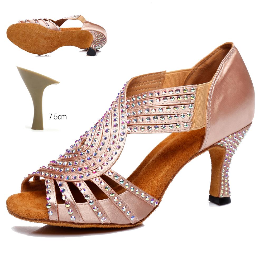 

Атласные туфли для латиноамериканских танцев для женщин, взрослые, сексуальные туфли на высоком каблуке, со стразами, туфли для бальных танцев, танго, сальса, каблук 7,5 см 40 телесный