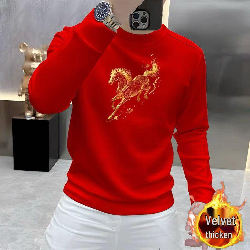 2026 Lucky Year Men's Fleece-Lined Crew Neck Sweatshirt – Stylish Autumn/Winter Fit