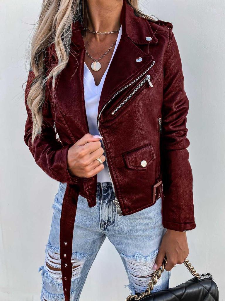 2025 Spring/Summer Women's PU Leather Motorcycle Jacket – Short Zipper Style