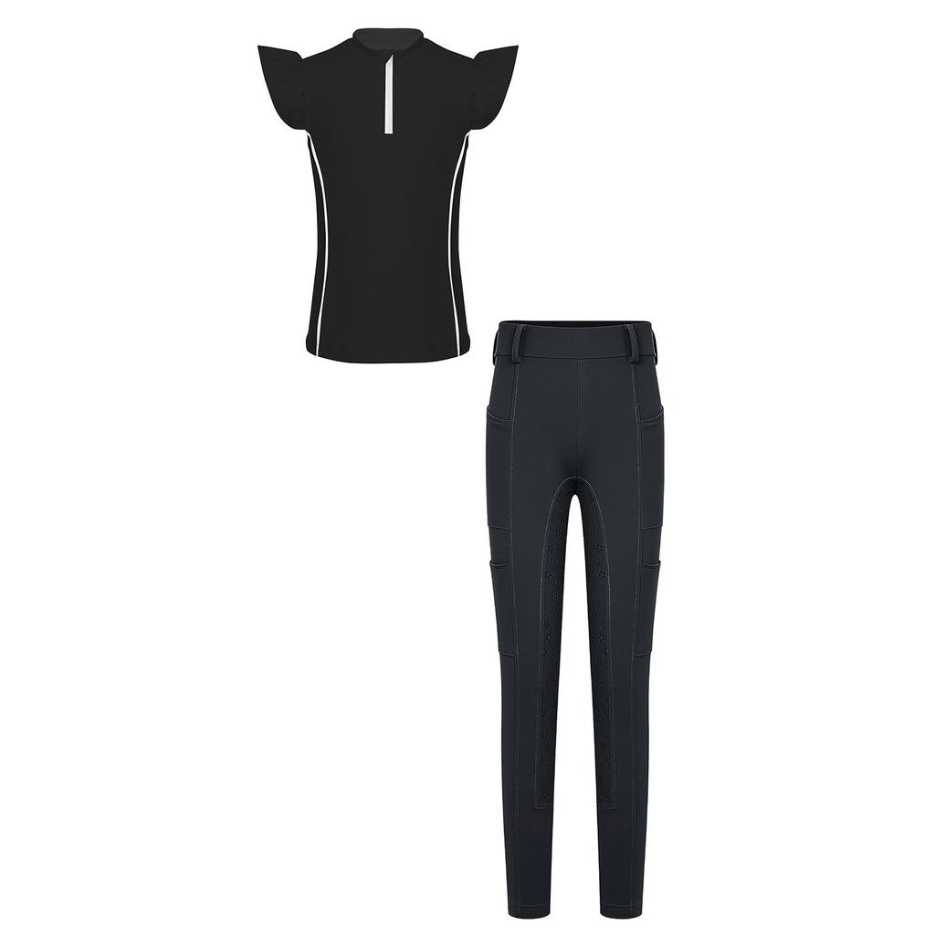 Mädchen Reitsport Reiten Reißverschluss Stehkragen Rüschenärmel Kontrastbesatz Oberteil Anti-Rutsch Vollbesatz Reithose Outfit