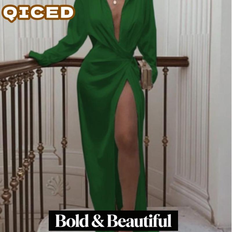 QICED Fashion Solid Color Print Long Sleeve POLO Neck Casual Dresses