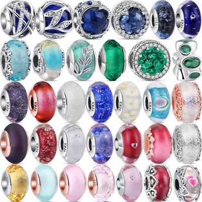 925 Sterling Silver Solid Color Multicolour Murano Glass & Curved Feather Charm Beads Fit Bracelet Fine Jewelry