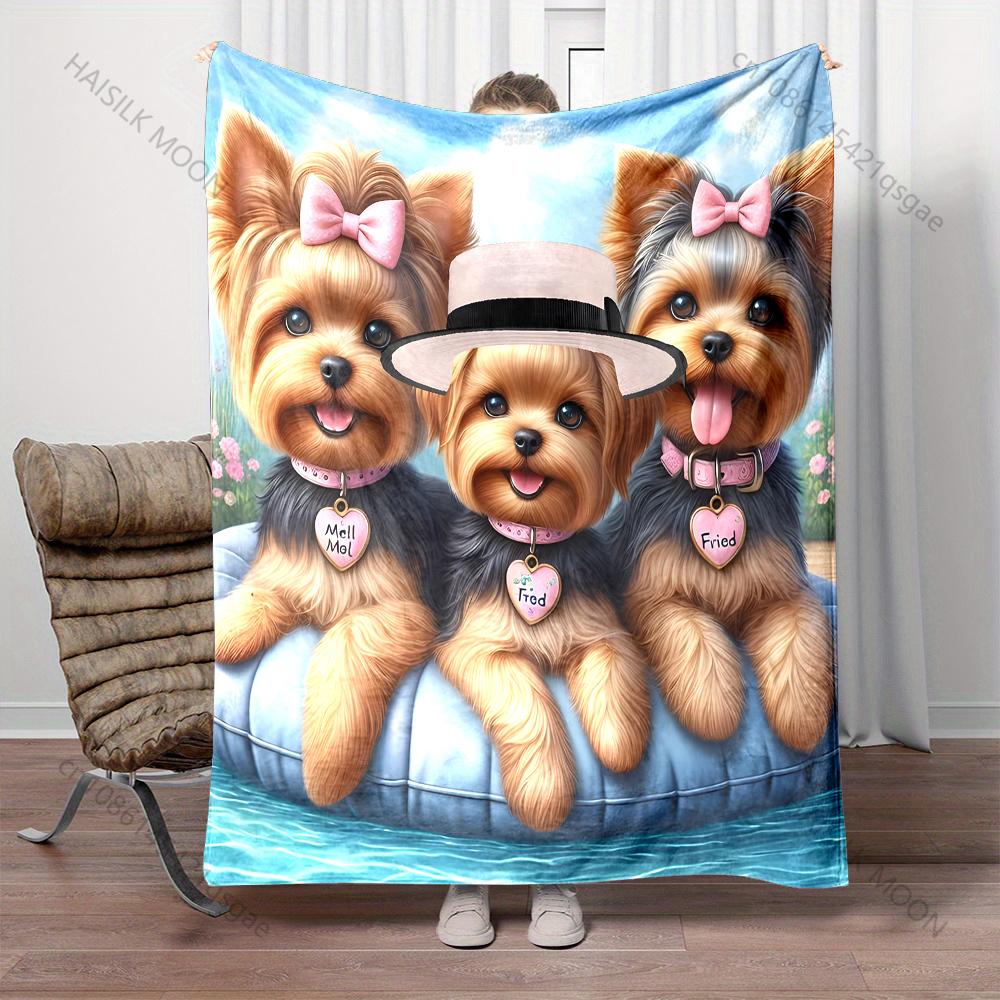 Cute 3 Yorkshire Terriers Blanket Warm Soft Fluffy Kids Adult Luxury Gifts for Sofa Bed Home Outdoor Travel Camping Blanket