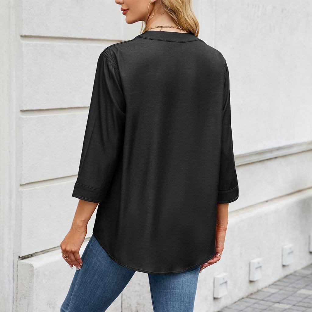 Women's Fashionable Casual Solid Color V-neck Seven Quarter Sleeved Loose Shirt Top