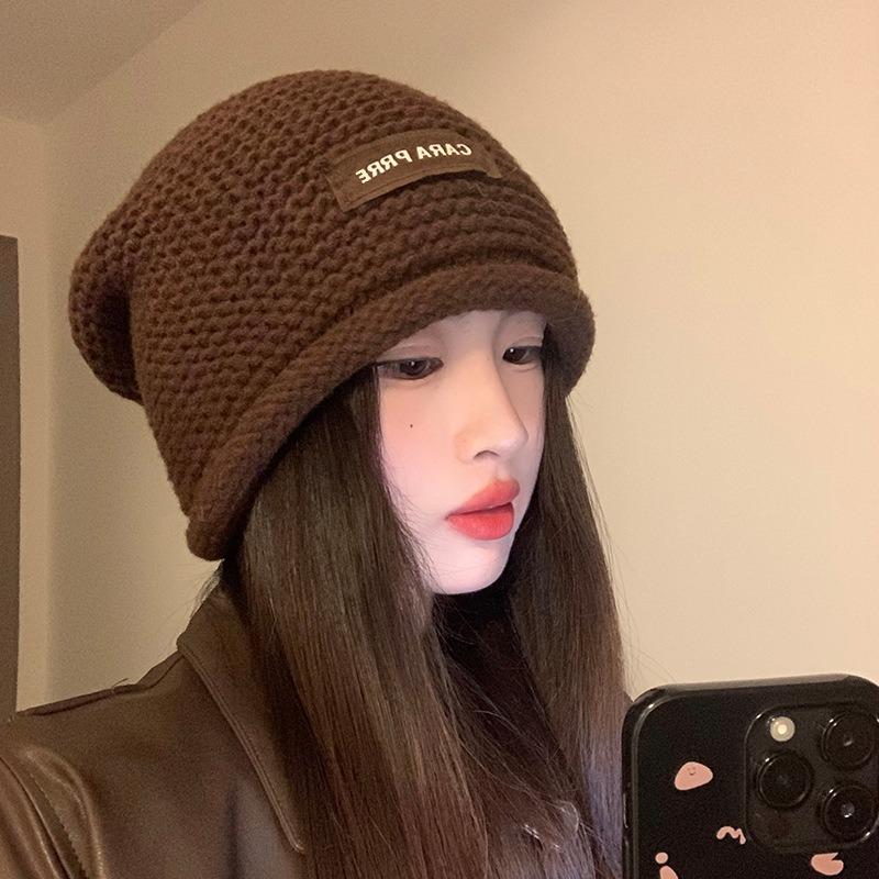 Rolling Pile Hat Women's Autumn and Winter Big Head Circumference Confinement Cold Hat Showing Small Face Warm Knitted Wool Hat