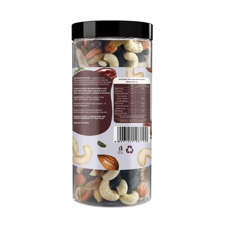 Farmley Panchmeva Dry Fruits Mix, 405g I Fit for Fasting | Healthy Snacks Mixed Nuts Contains Almonds, Cashews, Dates, Black Raisin, Green Raisin