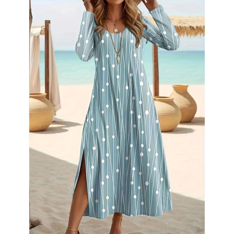 YYFS Women's Fashion Spring Fall Polka Dot Print Long Sleeve V-Neck Loose Waistline Casual Dresses
