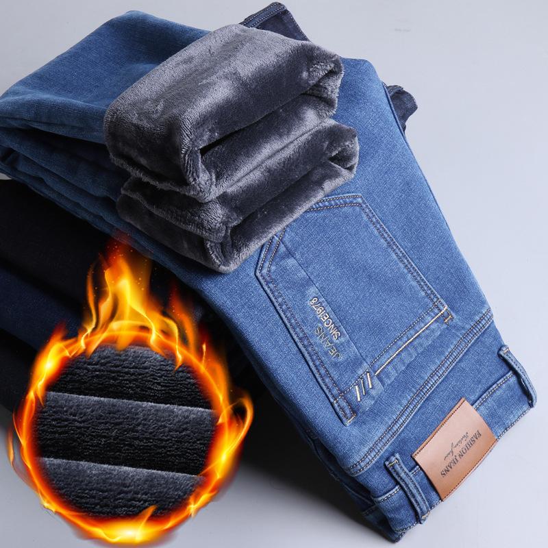 Spring And Autumn Winter New Men'S Plush/Regular Jeans Slimming Straight Stretch Business Versatile Long Pants
