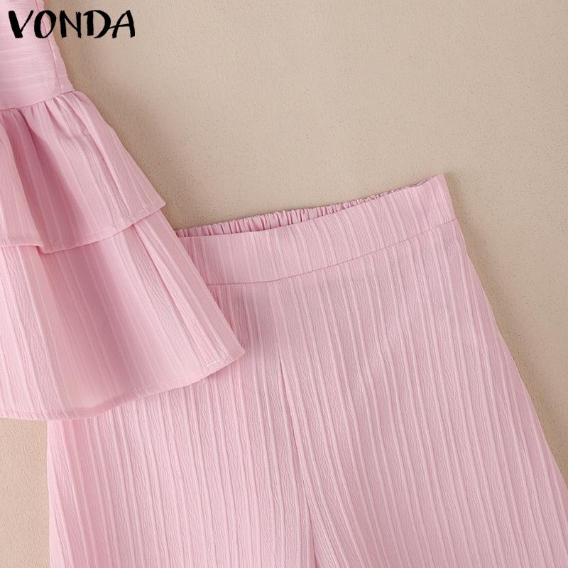 VONDA 2PCS Women Sets Sleeveless Ruffled Tanks and Elastic Waist Shorts Texture Outfits