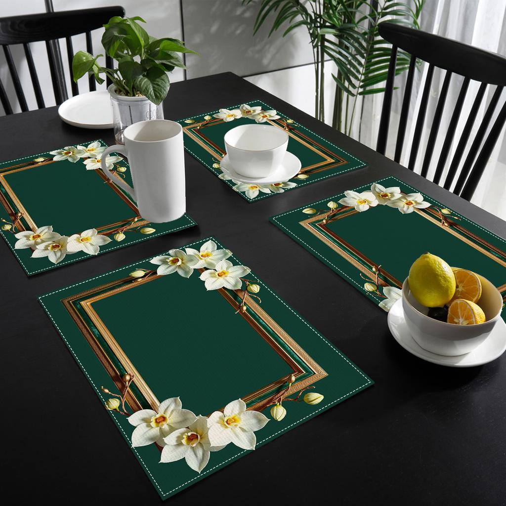Minimalistische Dekorations-Tischsets, Tischsets und Untersetzer mit grünem Hintergrund und goldgerahmtem Orchideenmuster in einer rechteckigen Materialserie, Geeignet