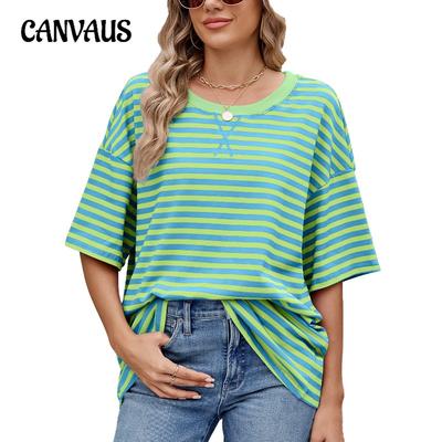 Women's Spring and Summer New Striped Colour Collision Loose Short-sleeved T-shirt Tops