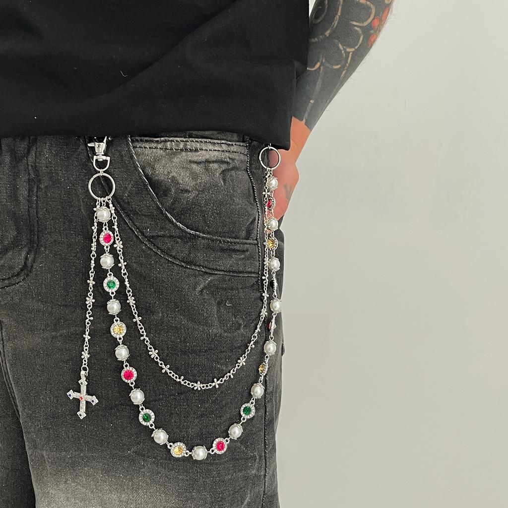 Salircon New Exquisite Luxury Cross Pendant Imitation Pearl Keychain Belt Chain Men Punk Trousers Jean Chain HipHop Jewelry Gift
