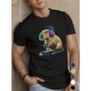 European Size Men's Capybara with Neon Headphones Graphic Tee - Casual Short Sleeve T-Shirt, Breathable Polyester, Machine Washable-Perfect for Summer