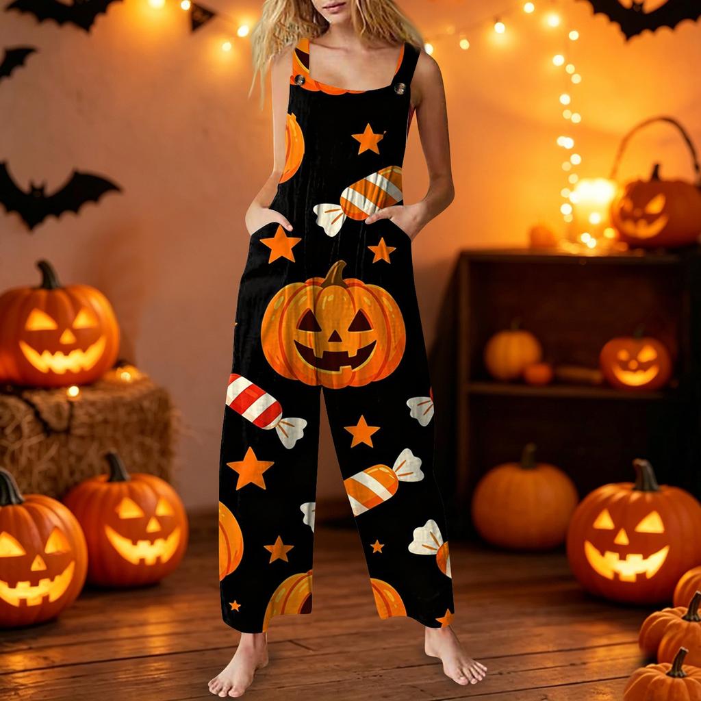 Women Sleeveless Casual Cotton Jumpsuit Halloween Pattern Loose Fit Overalls with Pockets for Daily Wear