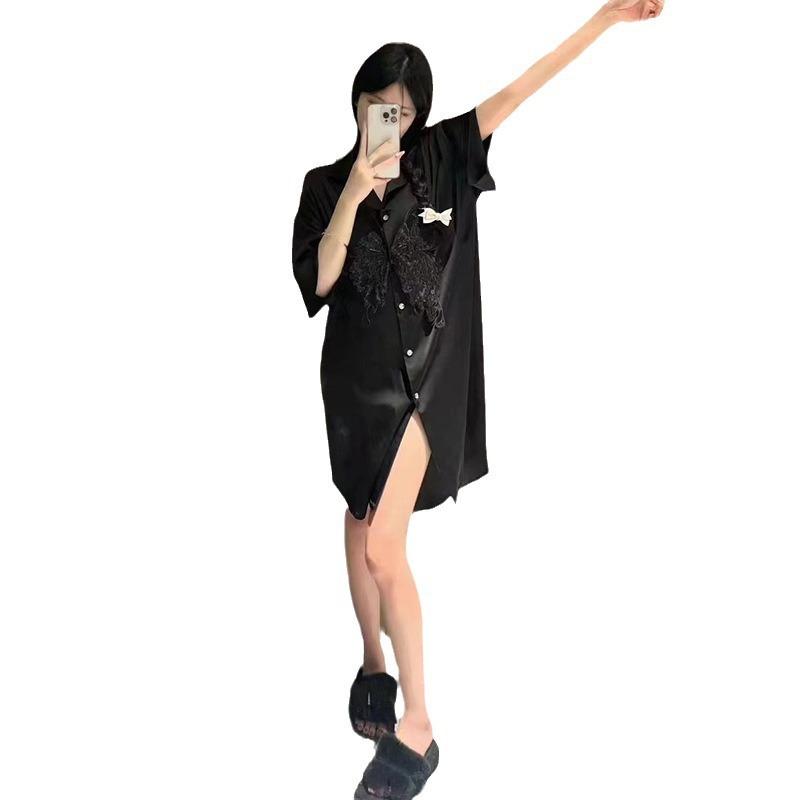 [Crystal Butterfly] French Elegant Wind Shirt Skirt Spring Summer Ice Silk Nightdress Women's Thin Cool Homewear