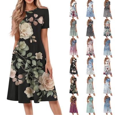 Kadın Günlük Moda Yuvarlak Yaka Kısa Kollu Baskılı Midi Elbise