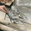 Advanced Sense ~! Silver Patent Leather Rhinestone Bow Pointy Half Slippers For Women With Fine Heels And High Heels
