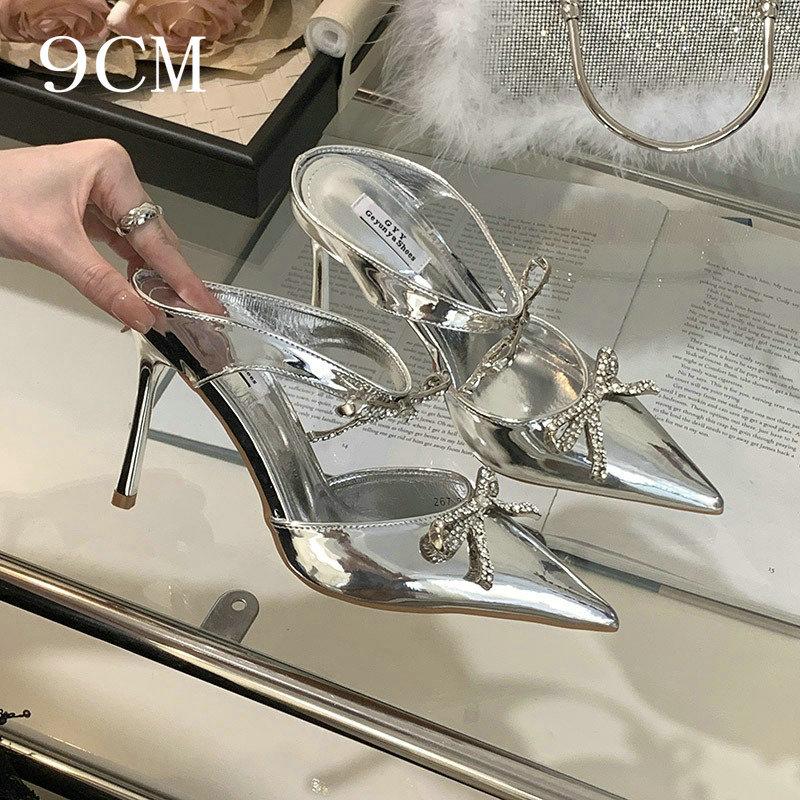Advanced Sense ~! Silver Patent Leather Rhinestone Bow Pointy Half Slippers For Women With Fine Heels And High Heels