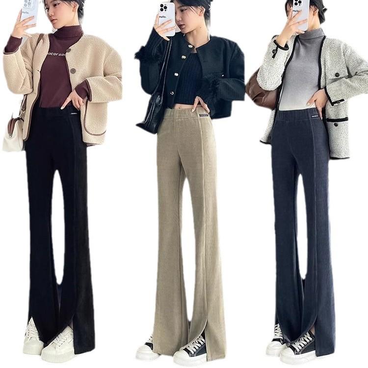 Women's Fleece-Lined Chenille Corduroy Flare Pants with Slits, Autumn/Winter 2024 Style