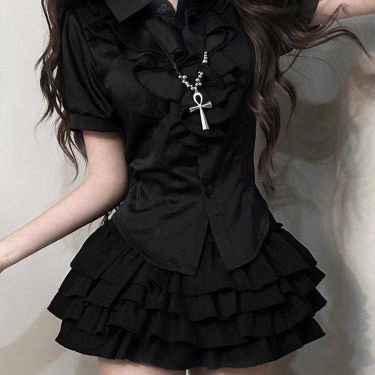 Conjunto de Top com Mangas Bufantes e Saia Fofa Estilo Gótico da Corte Coreana