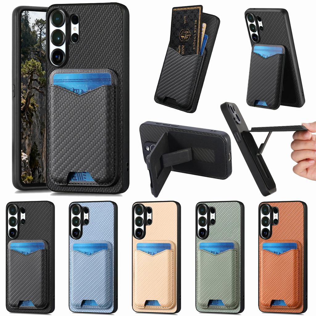 Business Magnetic Carbon Fibre Vertical Cards Solt Wallet Case For Samsung S25 Ultra S24 Plus S23 A17 A07 Kickstand Cover