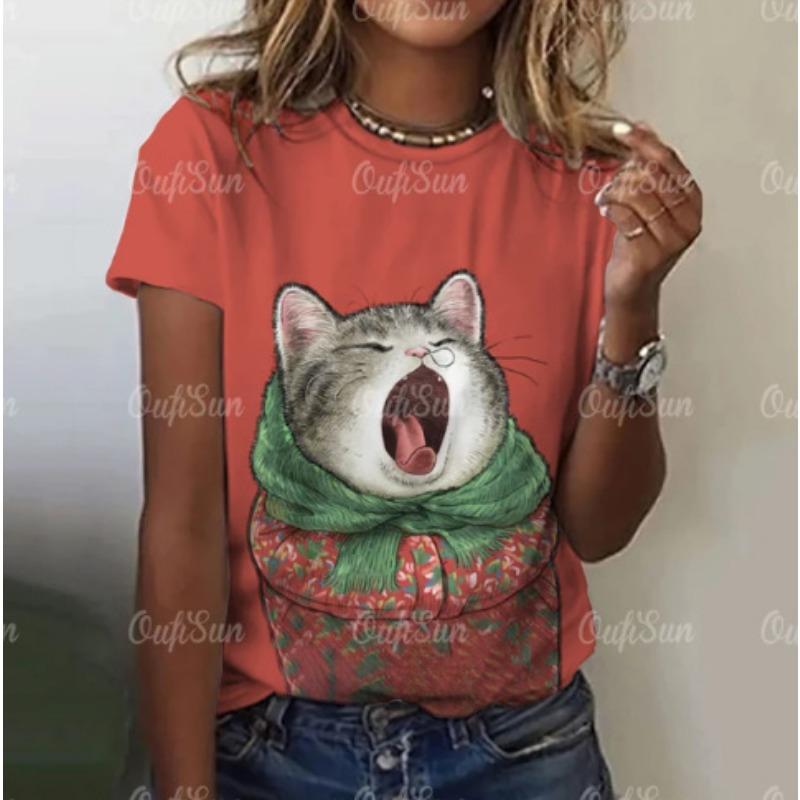 Summer Round Neck T-shirt with 3D Digital Printed Short Sleeves for Cats Loose Comfortable Round Neck T-Shirts Women’s
