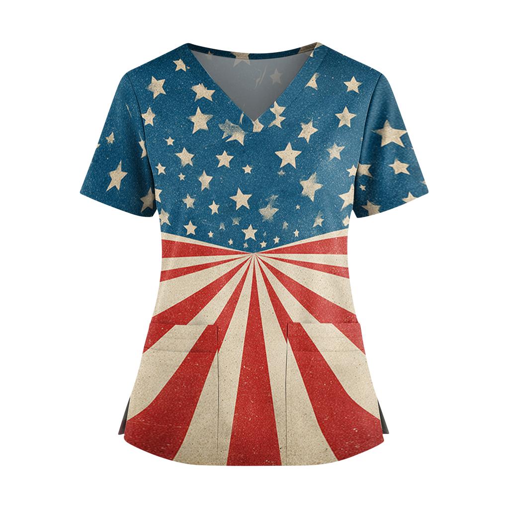 Women's Independence Day Print V-Neck Double Pocket Short Sleeve Uniform with Slit Hem - Caregiver Top