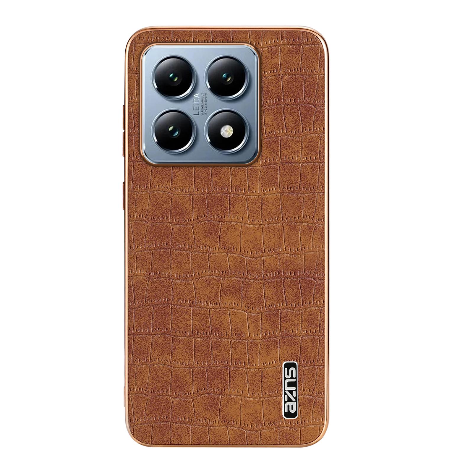 

For Xiaomi 14T Case Electroplating Crocodile Texture PU+TPU Phone Cover Brown