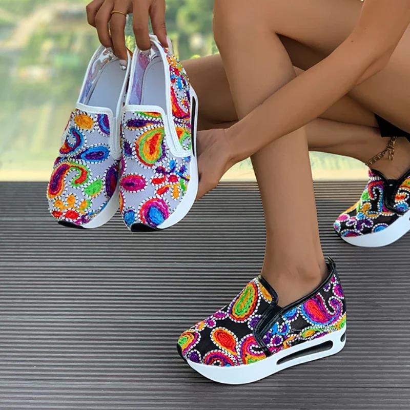 “Bohemian Chic - Style” Best - Selling Embroidered Slip - Ons, Colorful Paisley & Chunky Sole, Ideal for Daily & Vacation Wear