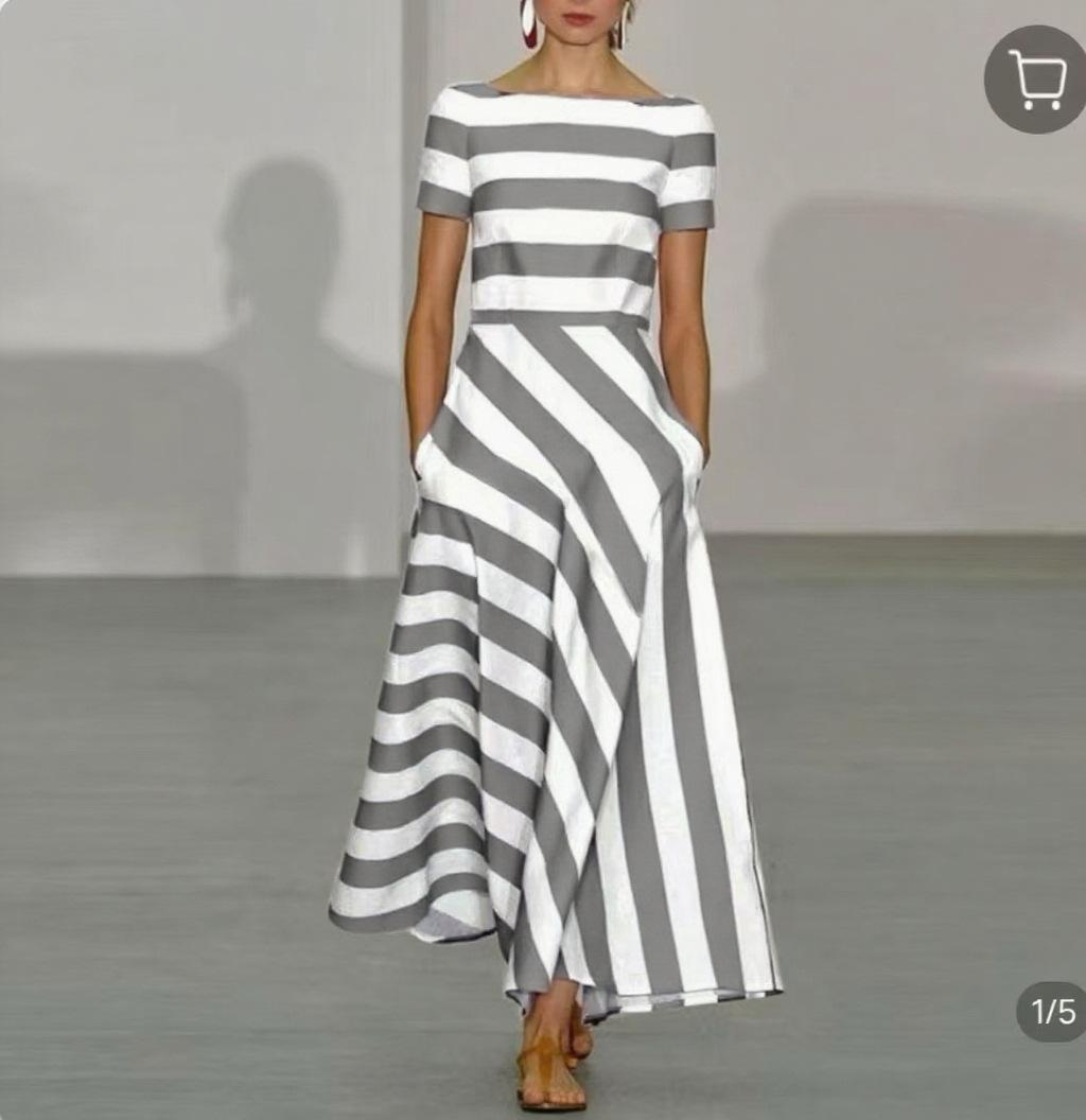 

Women s Short Sleeve Striped Dress with Asymmetric Hem and Pockets 5 Colors 5XL сірий колір