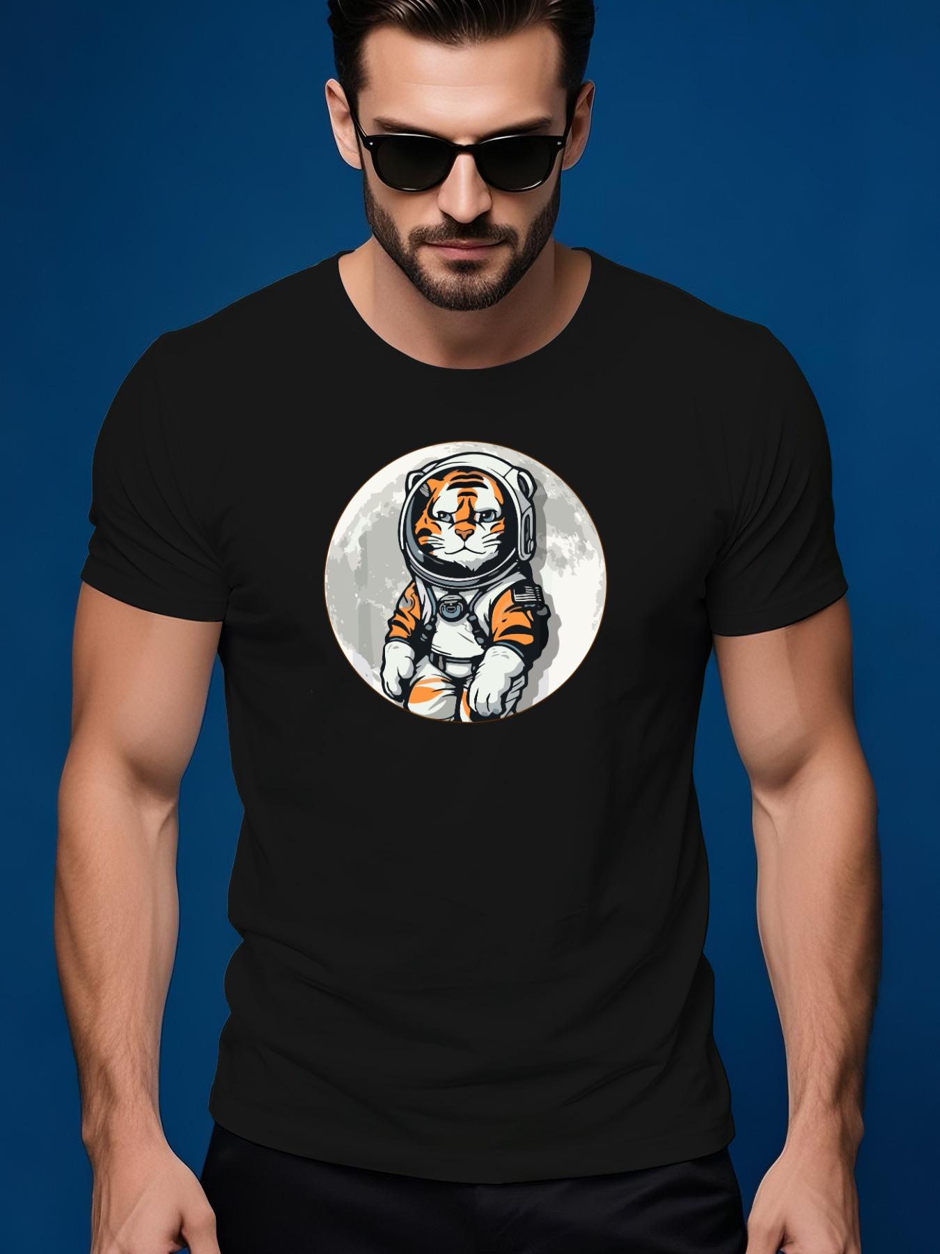 Crew Neck Short Sleeve Tshirt with Astronaut Tiger Graphi... L
