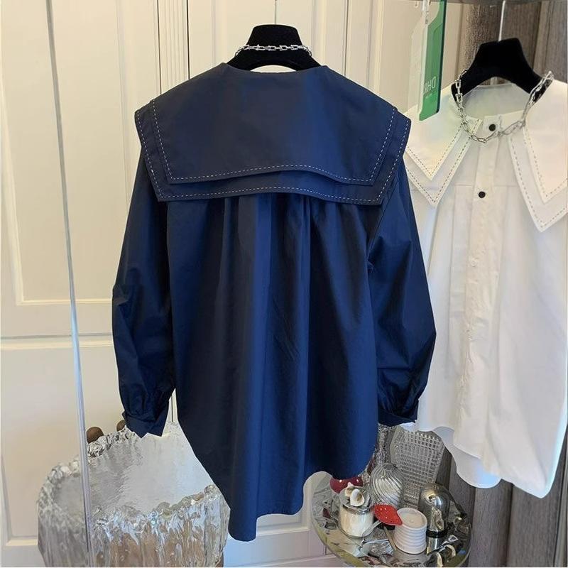 Femmes Coréen Quatre saisons Printemps Automne Cardigan Blouse Col Poupée Chemises Amples Couleur Unie Hauts Mode Dame Chemises Manches Lanternes